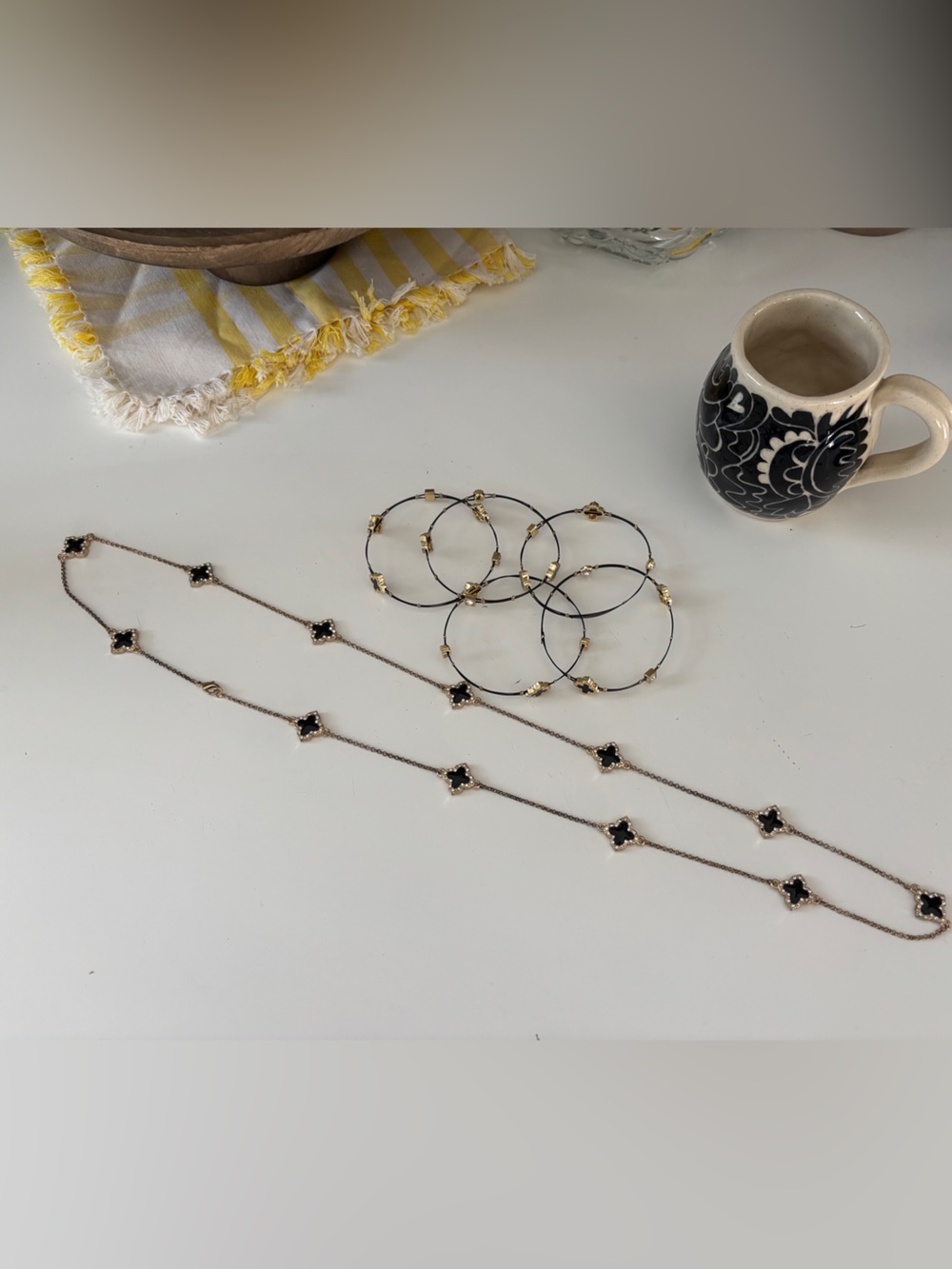 Delicate Black Station Long Necklace Gold Accents/Set of layering Bracelets